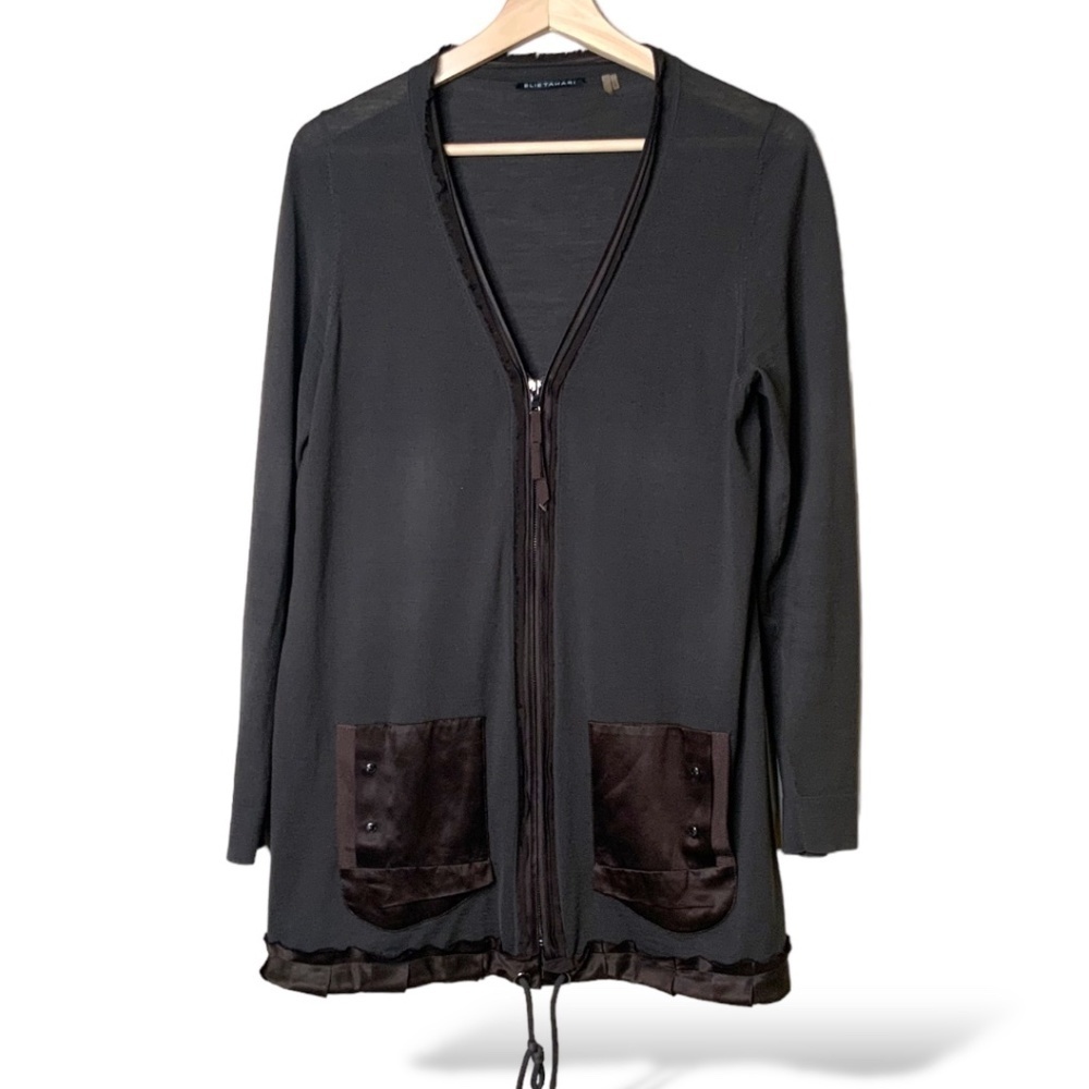 Elie Tahari | 100% Merino Wool Zip-up Cardigan with Silk Trim | Medium